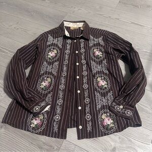 Vintage Y2K Wrangler Brown Striped Floral Embroidered Button-Up Shirt, Size L